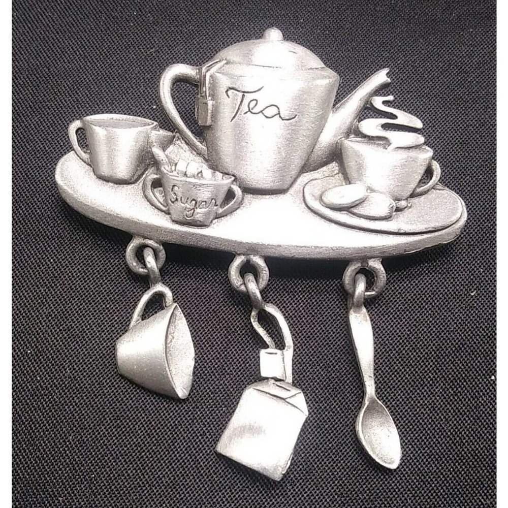 Signed JJ Jonette Vintage Brooch Teapot Cups Charm Teatime Pewter tea
